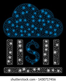 Bright mesh cloud bank with glare effect. Abstract illuminated model of cloud bank icon. Shiny wire carcass polygonal mesh cloud bank. Vector abstraction on a black background.