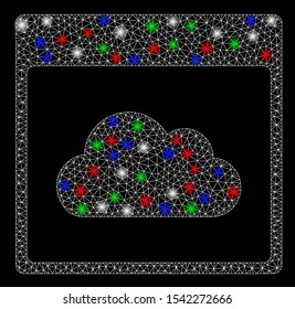 Bright mesh cloud calendar page with glare effect. White wire carcass polygonal mesh in vector format on a black background. Abstract 2d mesh built from polygonal grid, small circle,