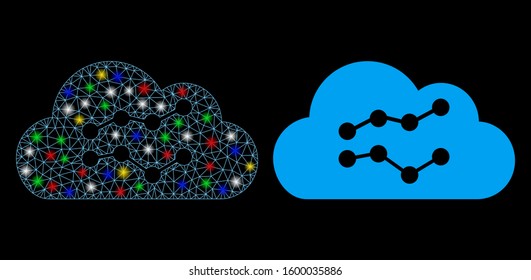 Bright mesh cloud charts icon with glare effect. Abstract illuminated model of cloud charts. Shiny wire carcass triangular network cloud charts icon. Vector abstraction on a black background.