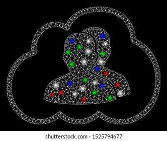 Bright mesh cloud community with glare effect. White wire frame triangular mesh in vector format on a black background. Abstract 2d mesh designed with triangular lines, spheric points,
