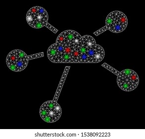 Bright mesh cloud connections with glow effect. White wire carcass triangular mesh in vector format on a black background. Abstract 2d mesh designed with triangular lines, spheric points,