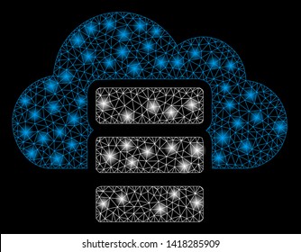 Bright mesh cloud database with glare effect. Abstract illuminated model of cloud database icon. Shiny wire frame triangular mesh cloud database abstraction in vector format on a black background.