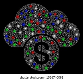 Bright mesh cloud dollar with glare effect. White wire carcass polygonal mesh in vector format on a black background. Abstract 2d mesh built from polygonal grid, dots, colored glare spots.
