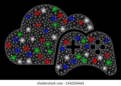 Bright mesh cloud game controller with glare effect. White wire frame polygonal mesh in vector format on a black background. Abstract 2d mesh designed with polygonal grid, round dots,