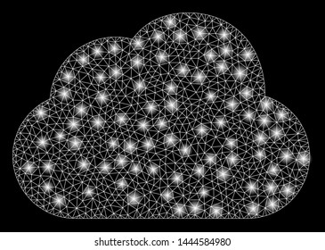Bright mesh cloud with glare effect. Abstract illuminated model of cloud icon. Shiny wire carcass polygonal mesh cloud. Vector abstraction on a black background.