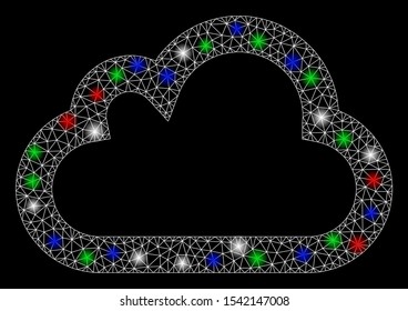 Bright mesh cloud with glare effect. White wire frame polygonal mesh in vector format on a black background. Abstract 2d mesh designed with polygonal grid, spheric points, colorful flare spots.