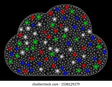 Bright mesh cloud with glow effect. White wire frame triangular mesh in vector format on a black background. Abstract 2d mesh designed with triangular lines, spheric points, colored glare spots.