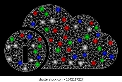 Bright mesh cloud info with glare effect. White wire frame polygonal mesh in vector format on a black background. Abstract 2d mesh designed with triangles, round dots, colorful flare spots.