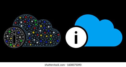 Bright mesh cloud info icon with glare effect. Abstract illuminated model of cloud info. Shiny wire carcass triangular mesh cloud info icon. Vector abstraction on a black background.