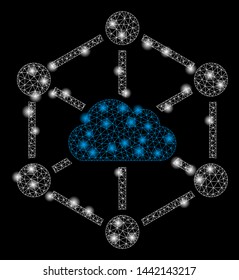 Bright mesh cloud links with glare effect. Abstract illuminated model of cloud links icon. Shiny wire frame polygonal mesh cloud links. Vector abstraction on a black background.