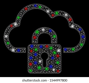 Bright mesh cloud locked with lightspot effect. White wire carcass triangular mesh in vector format on a black background. Abstract 2d mesh designed with triangular lines, dots, colorful light spots.