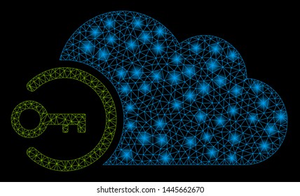 Bright mesh cloud login with lightspot effect. Abstract illuminated model of cloud login icon. Shiny wire frame triangular mesh cloud login. Vector abstraction on a black background.