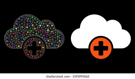 Bright mesh cloud medicine icon with glare effect. Abstract illuminated model of cloud medicine. Shiny wire carcass polygonal mesh cloud medicine icon. Vector abstraction on a black background.