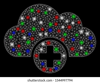 Bright mesh cloud medicine with lightspot effect. White wire frame triangular mesh in vector format on a black background. Abstract 2d mesh designed with triangular lines, small circle,