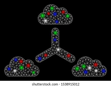 Bright mesh cloud network with glow effect. White wire frame polygonal mesh in vector format on a black background. Abstract 2d mesh built from polygonal grid, round dots, colored flash spots.