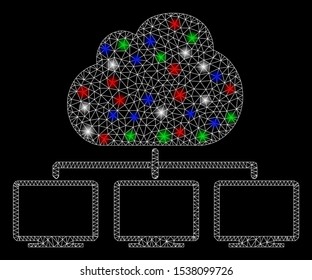 Bright mesh cloud network hierarchy with glare effect. White wire frame polygonal mesh in vector format on a black background. Abstract 2d mesh designed with triangles, spheric points,