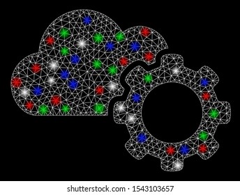 Bright mesh cloud options gear with glare effect. White wire carcass triangular mesh in vector format on a black background. Abstract 2d mesh designed with triangles, points, colorful flash spots.
