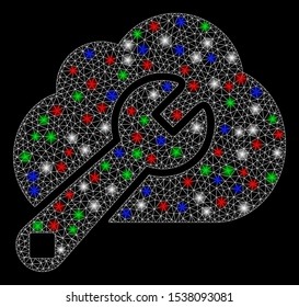 Bright mesh cloud options with glare effect. White wire carcass polygonal mesh in vector format on a black background. Abstract 2d mesh designed with triangles, small circle, colorful glare spots.