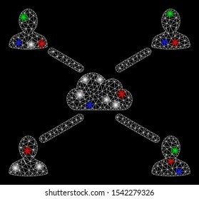 Bright mesh cloud people links with lightspot effect. White wire frame triangular mesh in vector format on a black background. Abstract 2d mesh designed with triangular lines, dots,