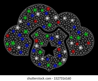 Bright mesh cloud shield with lightspot effect. White wire frame polygonal mesh in vector format on a black background. Abstract 2d mesh designed with polygonal grid, small circle,