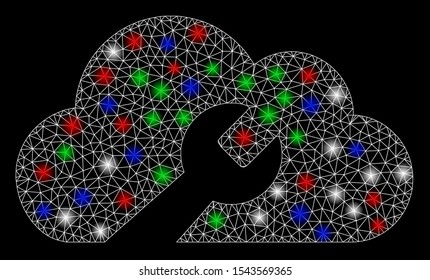Bright mesh cloud wrench tools with lightspot effect. White wire frame polygonal mesh in vector format on a black background. Abstract 2d mesh created from polygonal grid, dots, colored flare spots.