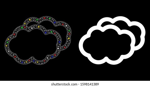 Bright mesh clouds icon with glitter effect. Abstract illuminated model of clouds. Shiny wire carcass triangular mesh clouds icon. Vector abstraction on a black background.