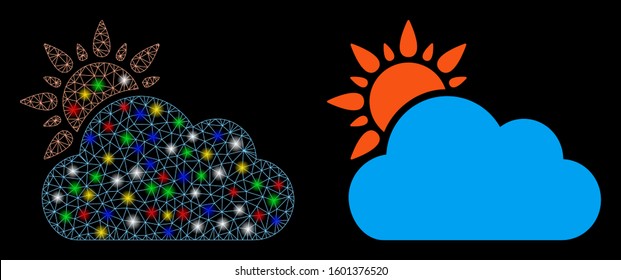 Bright mesh cloudy weather icon with glow effect. Abstract illuminated model of cloudy weather. Shiny wire carcass triangular mesh cloudy weather icon. Vector abstraction on a black background.