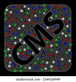Bright mesh cms with glare effect. White wire frame polygonal mesh in vector format on a black background. Abstract 2d mesh built from polygonal grid, spheric points, colorful glare spots.