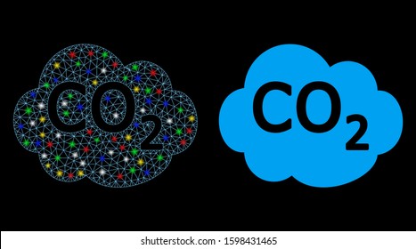 Bright mesh co2 cloud icon with lightspot effect. Abstract illuminated model of co2 cloud. Shiny wire frame triangular mesh co2 cloud icon. Vector abstraction on a black background.