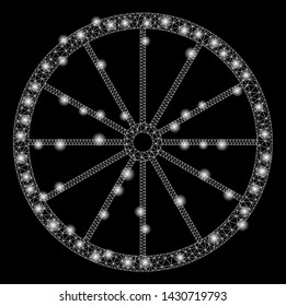 Bright mesh coach wheel with sparkle effect. Abstract illuminated model of coach wheel icon. Shiny wire frame triangular mesh coach wheel. Vector abstraction on a black background.