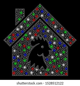 Bright mesh cock house with glow effect. White wire frame triangular mesh in vector format on a black background. Abstract 2d mesh created from triangular lines, round dots, colorful light spots.