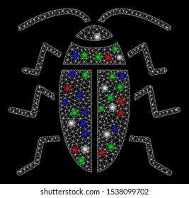 Bright mesh cockroach with glare effect. White wire carcass polygonal mesh in vector format on a black background. Abstract 2d mesh designed with polygonal grid, round dots, colored light spots.