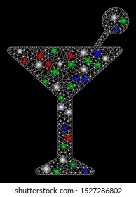 Bright mesh cocktail with glow effect. White wire frame triangular mesh in vector format on a black background. Abstract 2d mesh designed with polygonal grid, dots, colored flash spots.