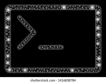 Bright mesh coding console with glare effect. Abstract illuminated model of coding console icon. Shiny wire carcass triangular mesh coding console abstraction in vector format on a black background.