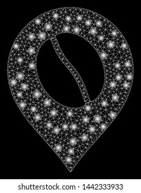 Bright mesh coffee bean marker with glitter effect. Abstract illuminated model of coffee bean marker icon. Shiny wire frame polygonal mesh coffee bean marker. Vector abstraction on a black background.
