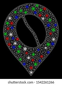Bright mesh coffee bean marker with lightspot effect. White wire frame polygonal mesh in vector format on a black background. Abstract 2d mesh created from polygonal grid, points,