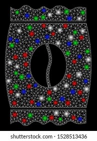 Bright mesh coffee bean pack with glare effect. White wire carcass triangular mesh in vector format on a black background. Abstract 2d mesh built from triangular lines, dots, colorful light spots.