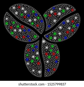 Bright mesh coffee beans with glare effect. White wire frame triangular network in vector format on a black background. Abstract 2d mesh designed with triangular lines, small circle,