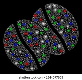Bright mesh coffee beans with glare effect. White wire carcass polygonal mesh in vector format on a black background. Abstract 2d mesh created from polygonal grid, spheric points,