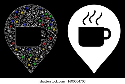 Bright mesh coffee cup marker icon with glare effect. Abstract illuminated model of coffee cup marker. Shiny wire frame triangular mesh coffee cup marker icon.