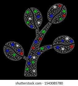 Bright mesh coffee tree with glow effect. White wire frame polygonal network in vector format on a black background. Abstract 2d mesh designed with polygonal grid, small circle, colorful flare spots.