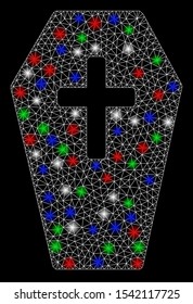 Bright mesh coffin with glare effect. White wire carcass polygonal network in vector format on a black background. Abstract 2d mesh designed with triangles, points, colorful glare spots.