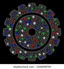Bright mesh cog with glow effect. White wire frame triangular mesh in vector format on a black background. Abstract 2d mesh designed with triangular lines, points, colorful flare spots.