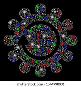 Bright mesh cog rotation with lightspot effect. White wire carcass polygonal mesh in vector format on a black background. Abstract 2d mesh designed with polygonal grid, dots, colorful flash spots.