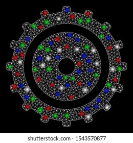 Bright mesh cog wheel with glare effect. White wire carcass polygonal mesh in vector format on a black background. Abstract 2d mesh built from polygonal grid, spheric points, colored glare spots.