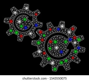 Bright mesh cogs rotation with glow effect. White wire carcass polygonal mesh in vector format on a black background. Abstract 2d mesh designed with polygonal grid, small circle, colored glare spots.