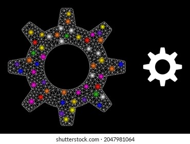 Icono de la constelación de la rueda cognitiva de malla brillante con manchas luminosas. Modelo vectorial iluminado basado en la imagen de la rueda cognitiva. Esparce la rueda de la malla del marco en un fondo negro. Malla 2D de marco lineal en formato vectorial.