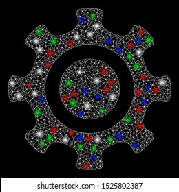 Bright mesh cogwheel with glare effect. White wire frame triangular mesh in vector format on a black background. Abstract 2d mesh created from triangular lines, points, colored glare spots.