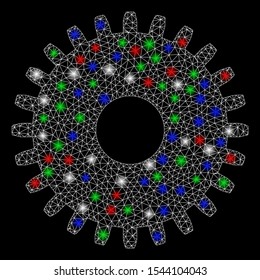 Bright mesh cogwheel with glow effect. White wire carcass triangular mesh in vector format on a black background. Abstract 2d mesh designed with triangular lines, points, colorful glare spots.