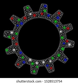 Bright mesh cogwheel with lightspot effect. White wire carcass polygonal mesh in vector format on a black background. Abstract 2d mesh designed with triangular lines, round dots, colored flash spots.